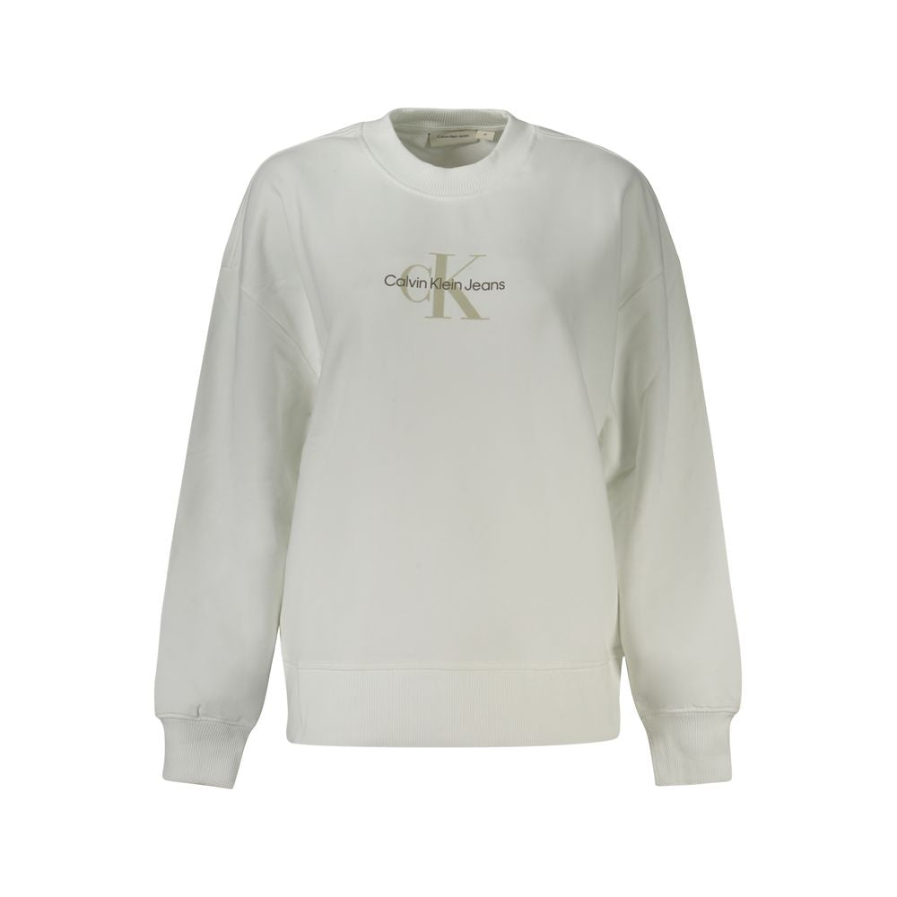Calvin Klein white cotton women's sweater with logo, featuring long sleeves and eco-friendly design.