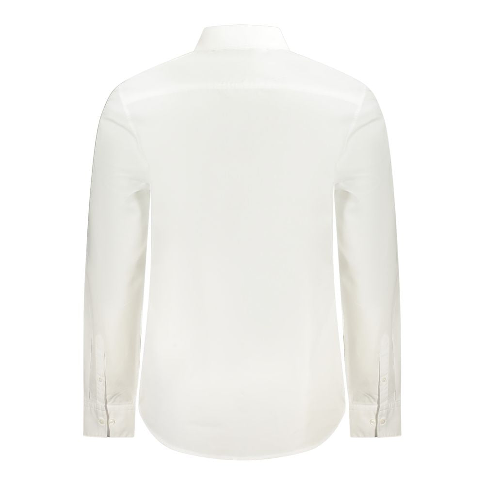 Back view of Calvin Klein white cotton long sleeve shirt with Italian collar and embroidery.