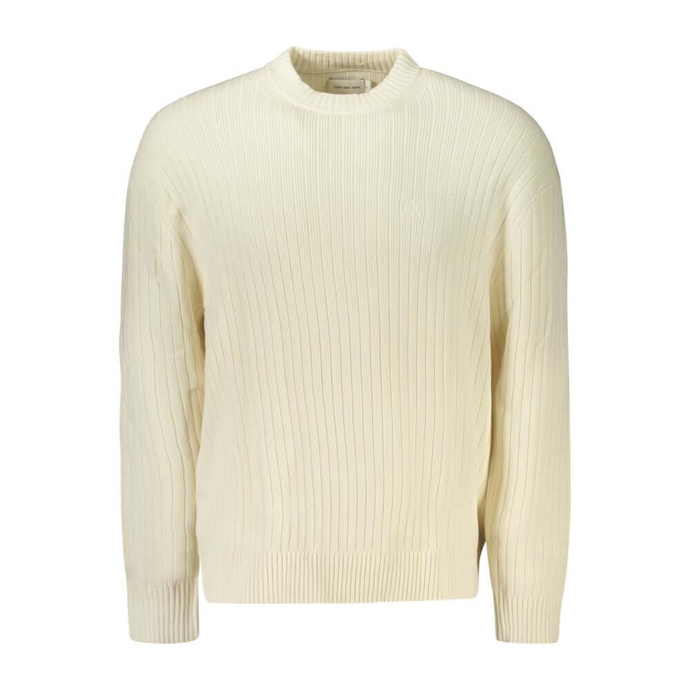 Calvin Klein white cotton men's sweater with logo, ribbed long sleeves, and a sophisticated design, ideal for fashion-forward men.