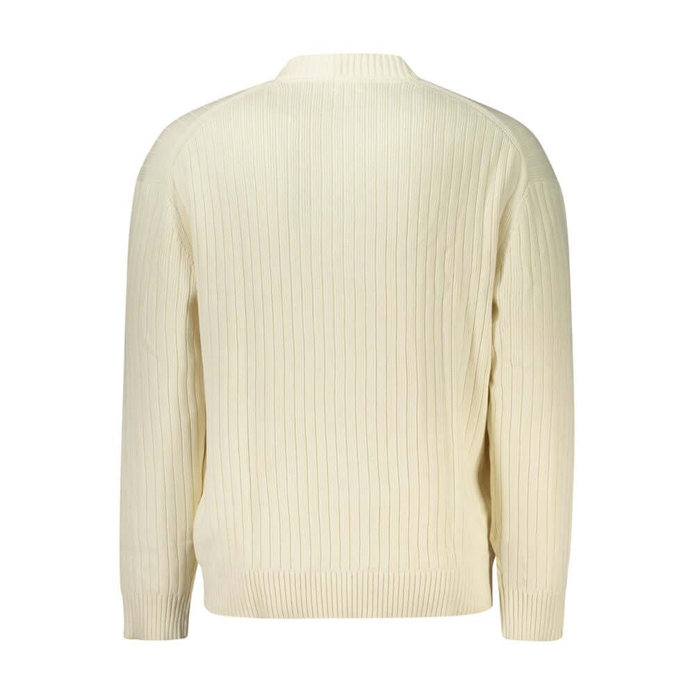 Back view of Calvin Klein white cotton men's sweater showcasing ribbed design for style and comfort.