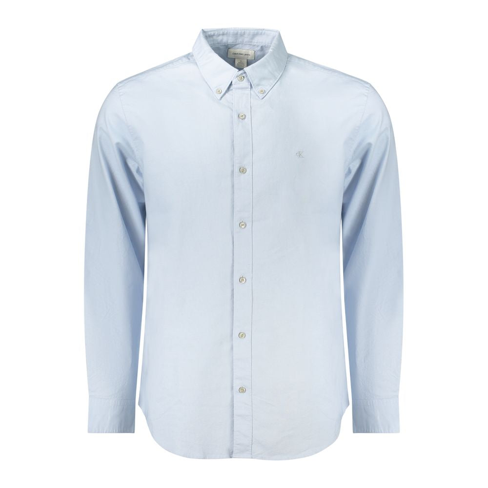 Calvin Klein light blue cotton men's shirt with button-down collar and embroidered CK logo, perfect for a classic fit.