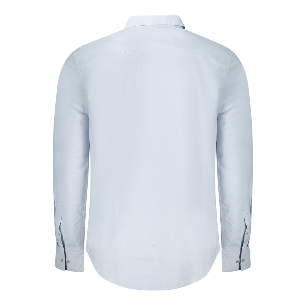 Calvin Klein light blue cotton men's shirt, classic fit, long sleeves, button-down collar, adjustable cuffs, back view