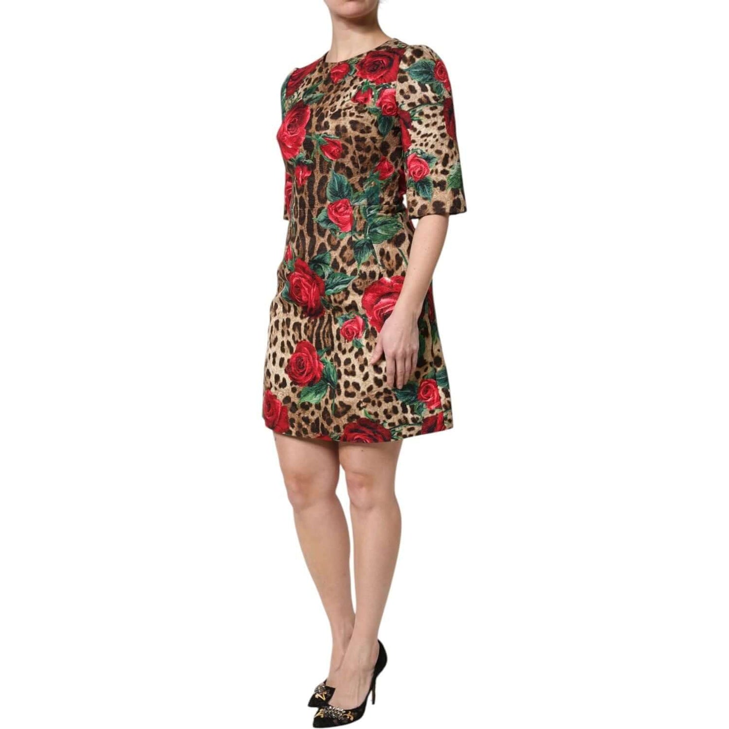 Dolce & Gabbana Brown Rose Leopard Short Sleeves Mini Dress