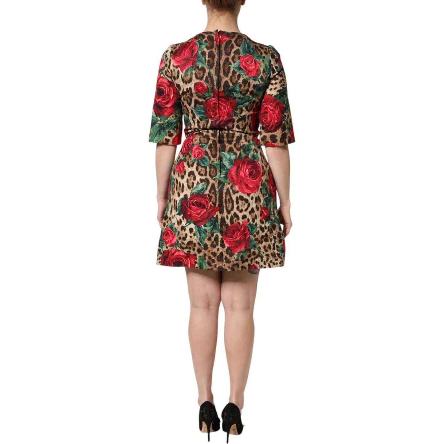 Dolce & Gabbana Brown Rose Leopard Short Sleeves Mini Dress