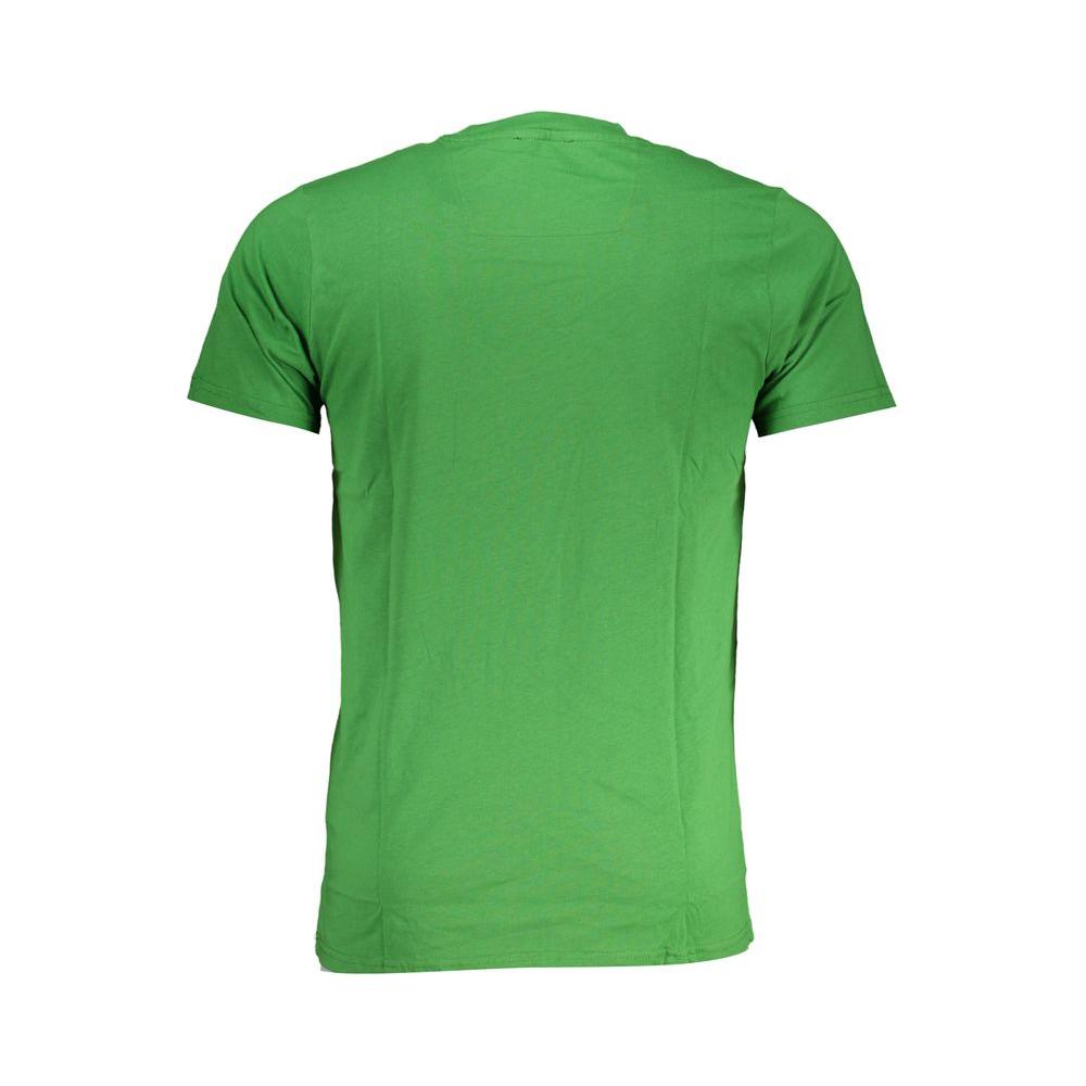 Back view of Cavalli Class green cotton T-shirt with short sleeves and crew neck, featuring a logo print.