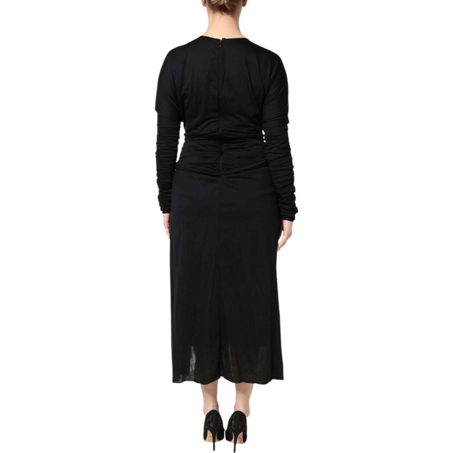 Dolce & Gabbana Black Wool Long Sleeves Sheath Midi Dress