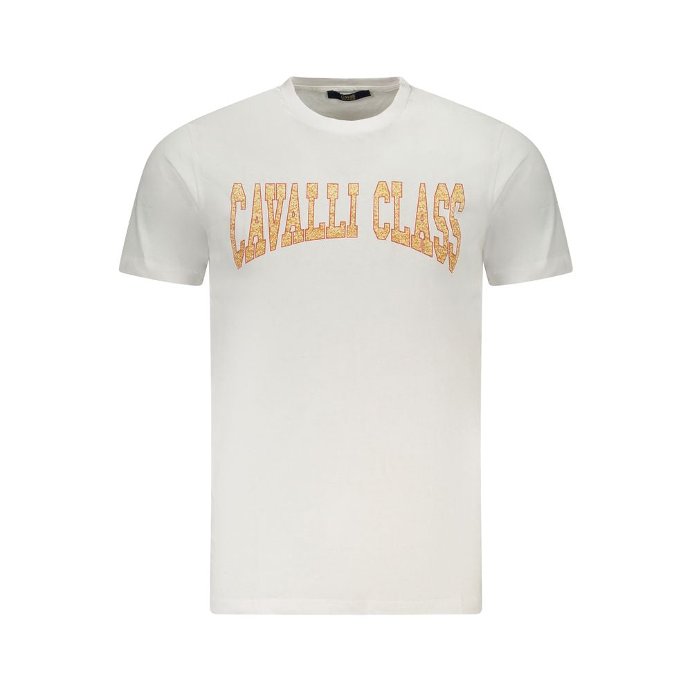 Cavalli Class white cotton men's t-shirt with bold print and logo, luxury fashion, short-sleeve tee for casual or elevated looks.
