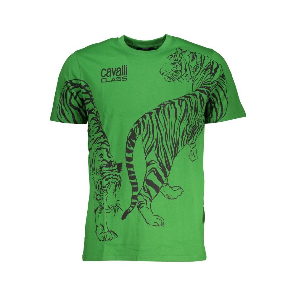 Cavalli Class green cotton T-shirt with tiger print, short sleeves, and crew neck. Stylish casual wear with logo.