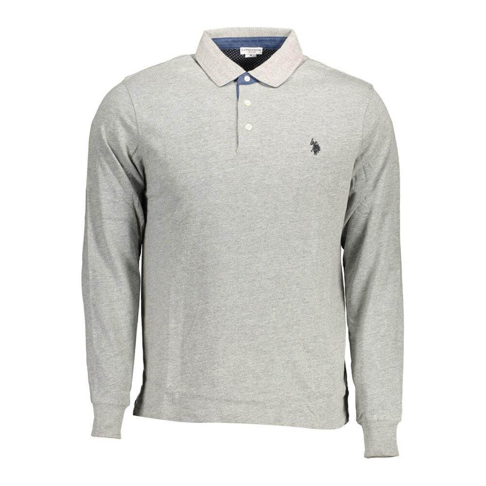 U.S. POLO ASSN. gray cotton men’s polo shirt with embroidery, long sleeves, and contrasting collar detail, casual elegance.