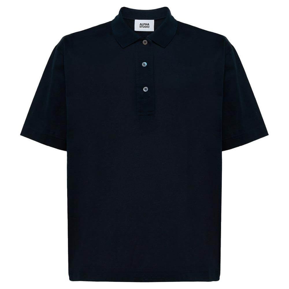 Alpha Studio blue cotton polo shirt with short sleeves and three-button collar.