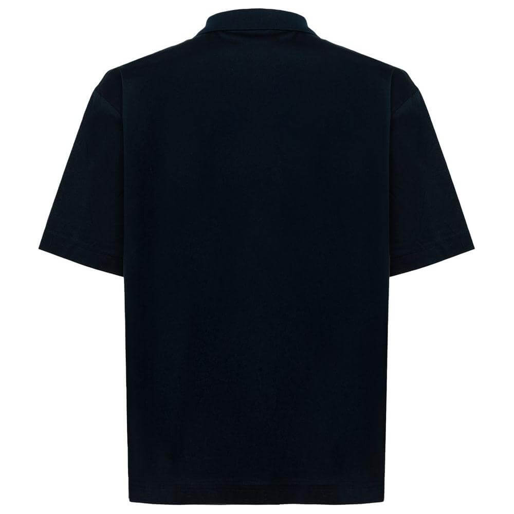 Back view of Alpha Studio blue cotton polo shirt with short sleeves and three-button collar.