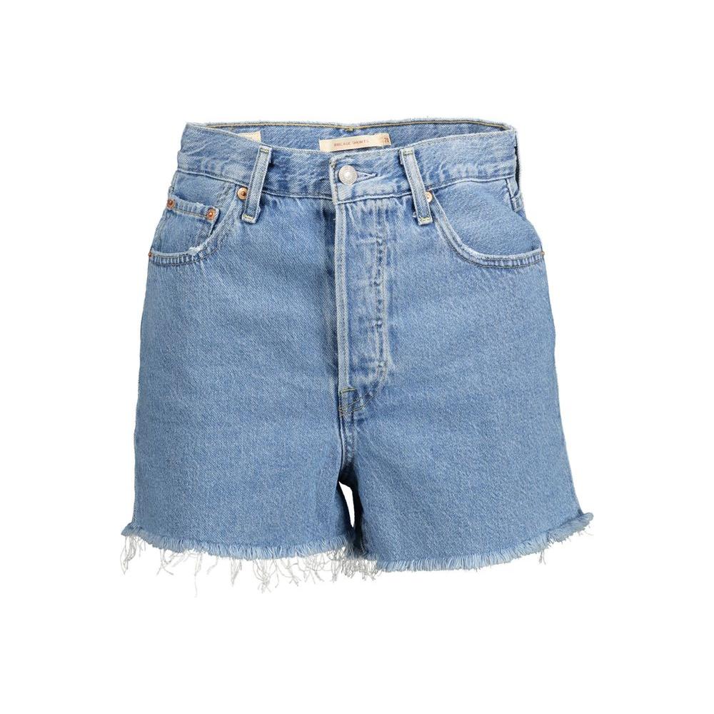 Levi's light blue cotton women's shorts with fringed hem and button fly, featuring classic 5-pocket design for casual summer style.