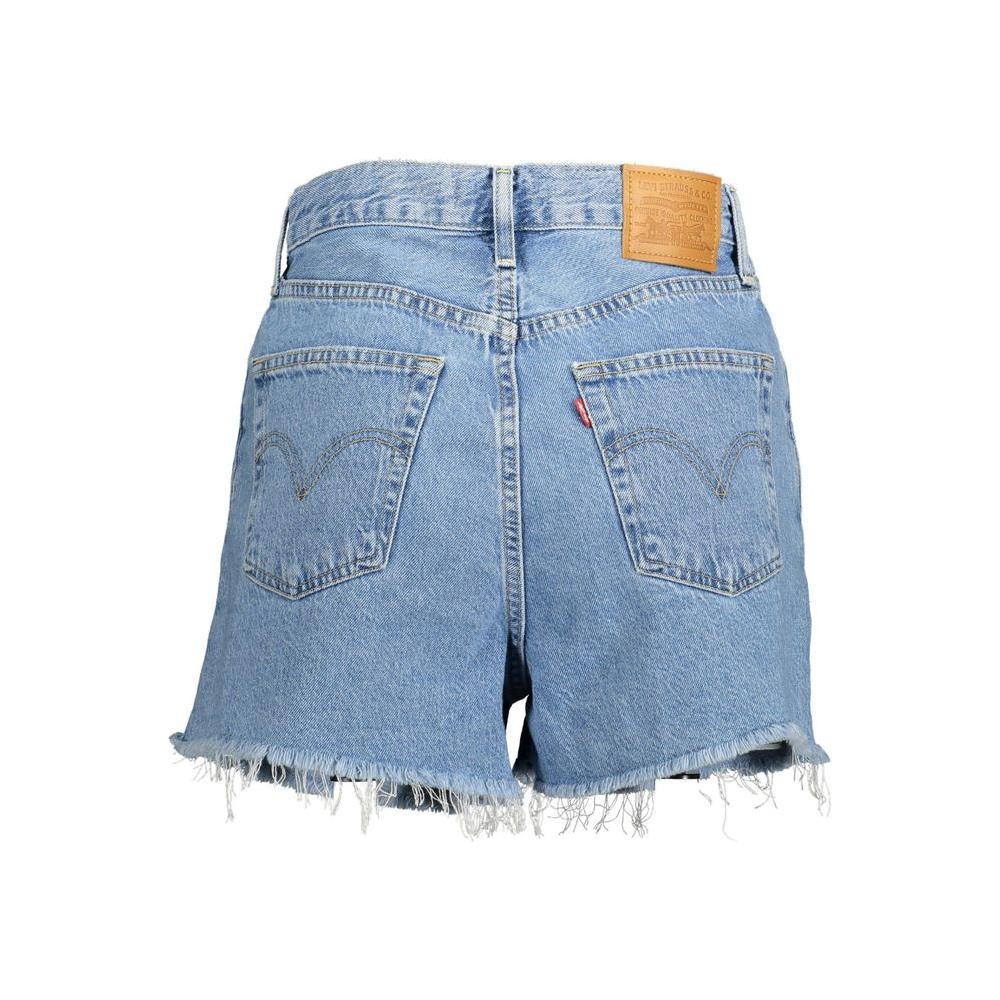 Levi's light blue women's denim shorts with fringed hem and button fly, featuring a classic 5-pocket design and iconic logo patch.