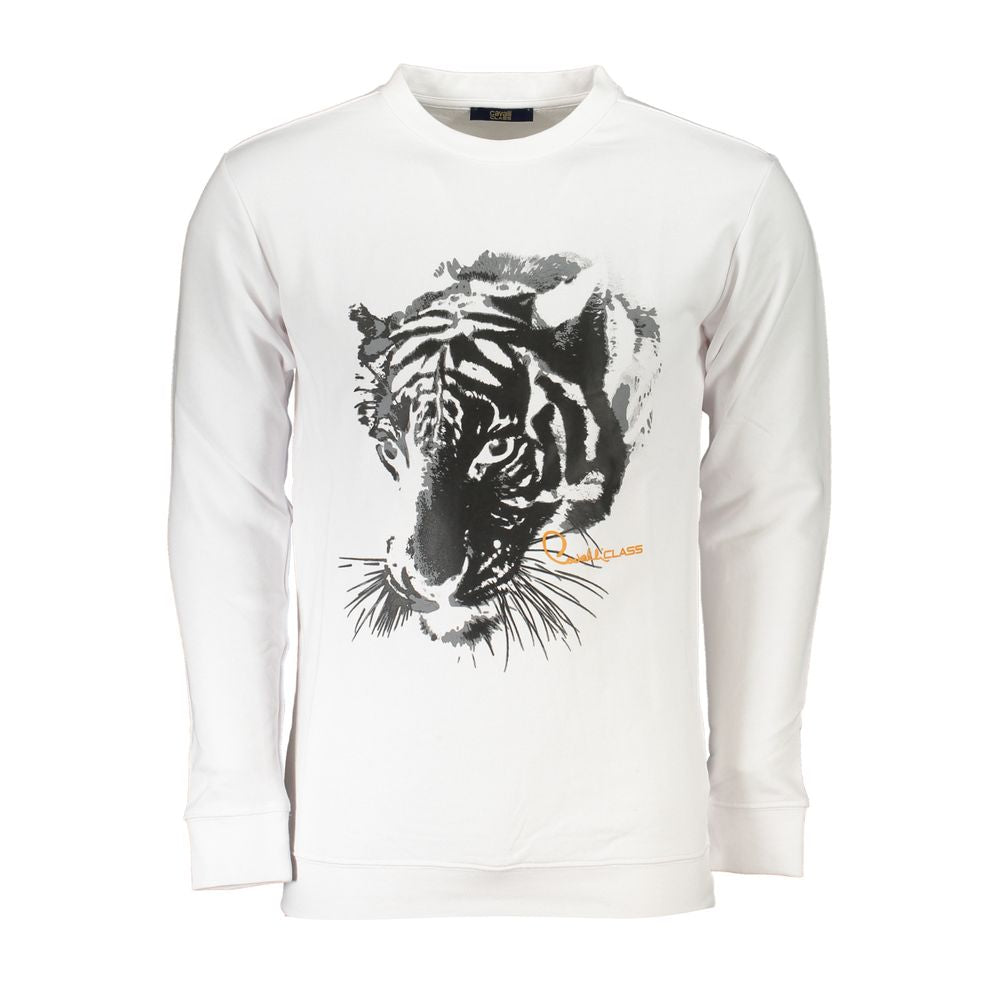 Cavalli Class white cotton sweater with long sleeves, brushed crew neck, printed tiger design, and logo. Regular fit fashion.