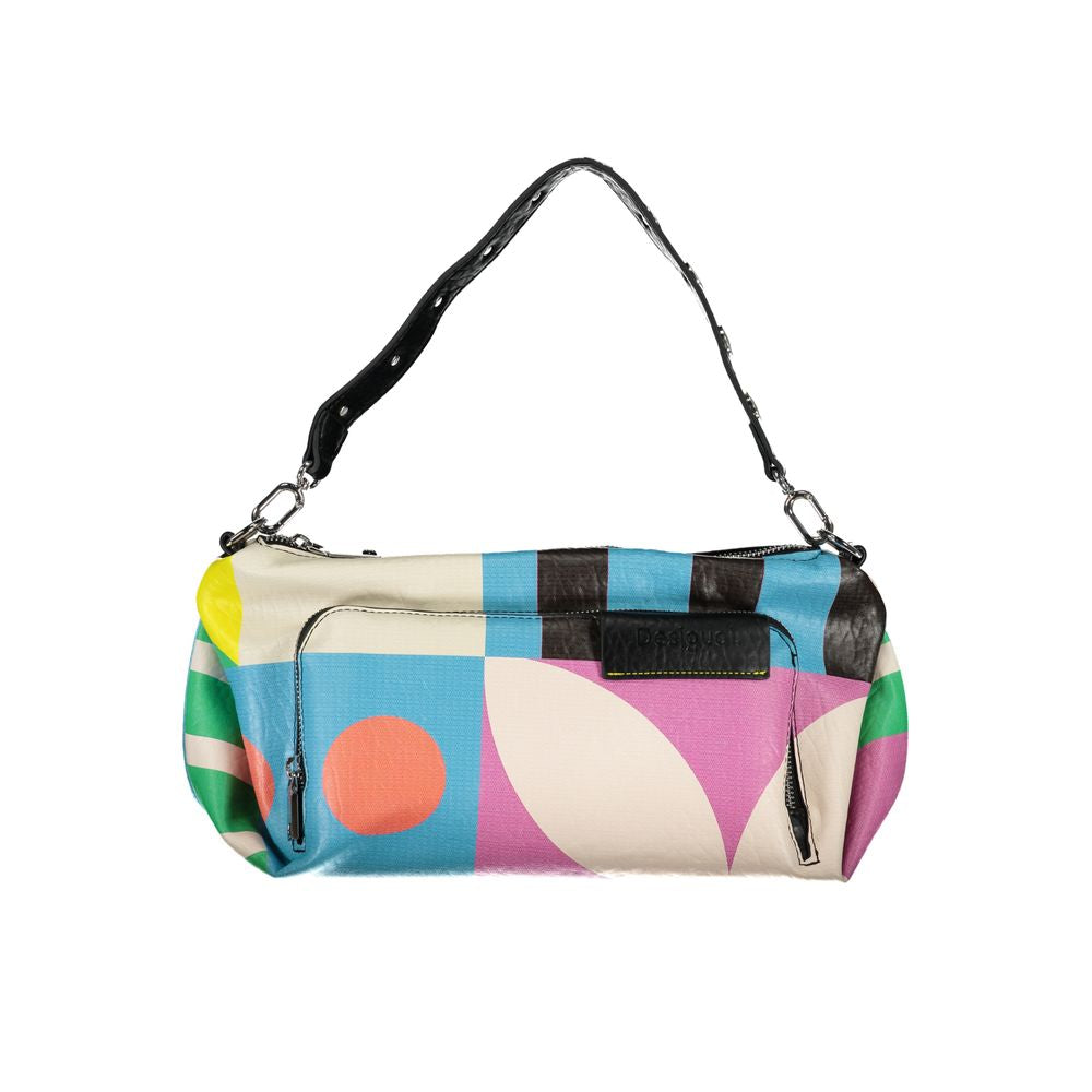 Desigual pink polyethylene handbag with adjustable strap, zip closure, contrasting details, and multiple pockets.
