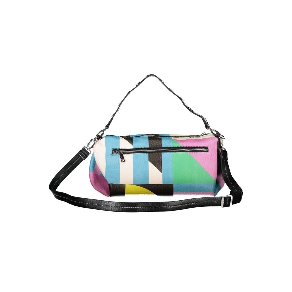 Colorful Desigual polyethylene handbag with one handle, adjustable strap, external pockets, contrasting details, and zip closure.