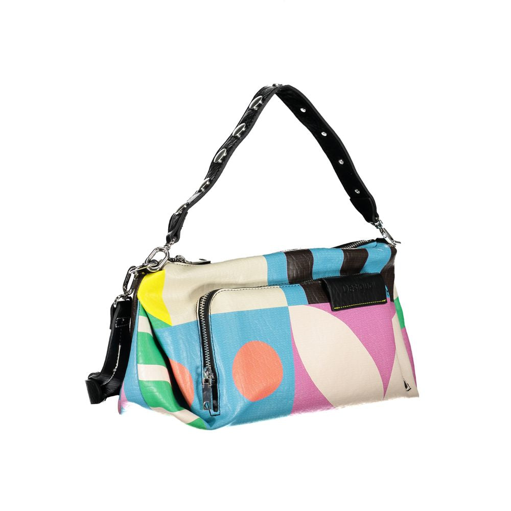 Colorful Desigual polyethylene handbag with adjustable strap, contrasting details, and logo. Features multiple pockets and zip closure.