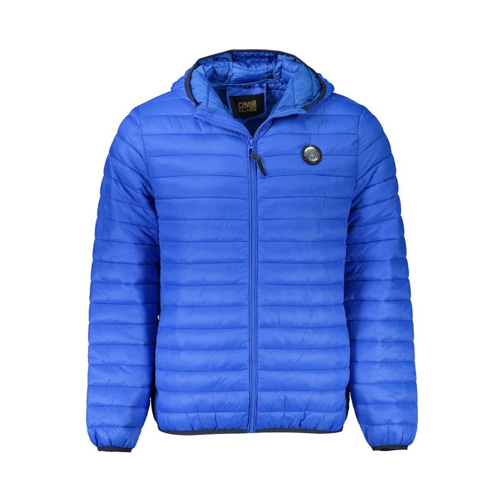 Cavalli Class Men’s Blue Polyamide Jacket with Hood and Zip Front, Featuring Iconic Logo Appliqué