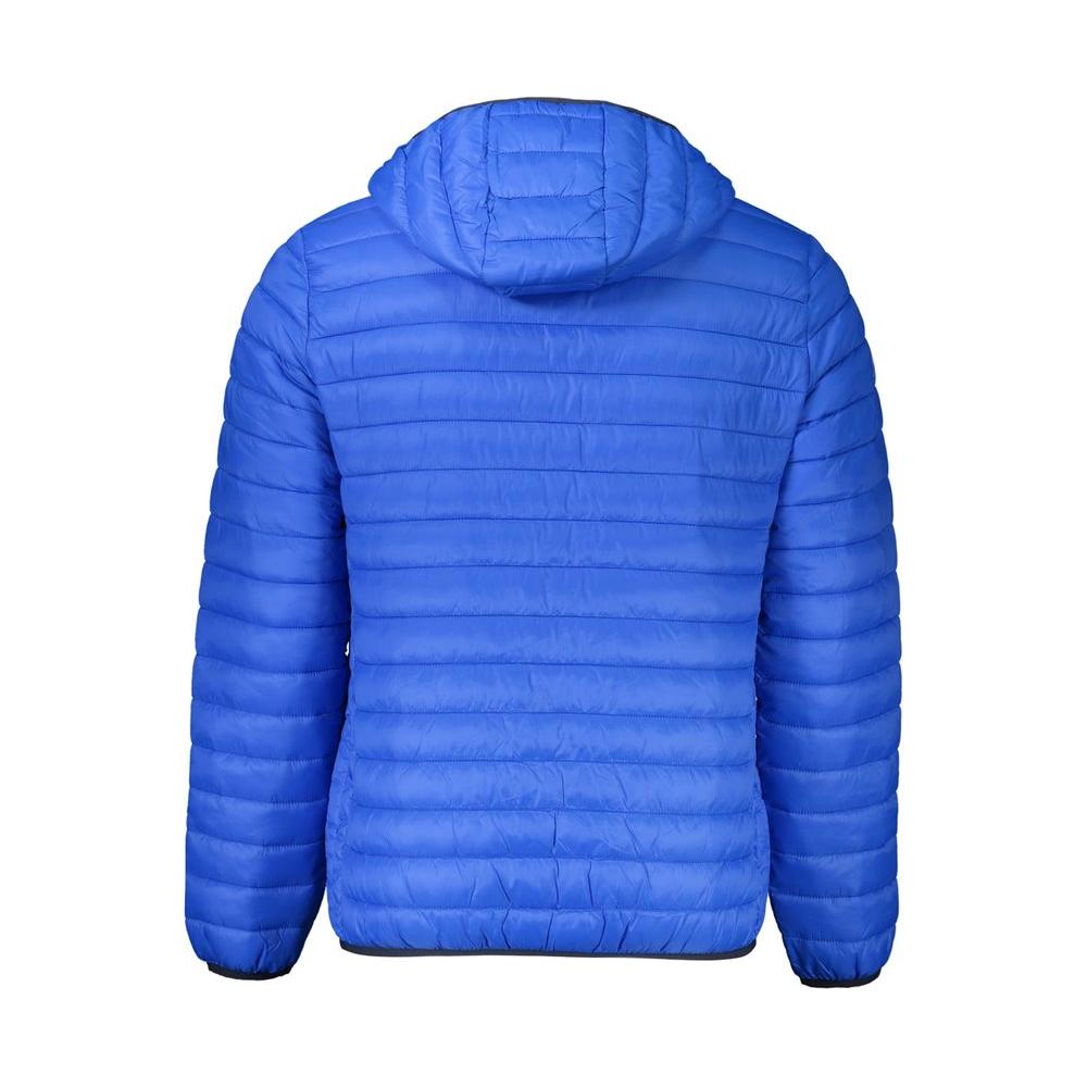 Back view of Cavalli Class blue polyamide men's jacket with hood and long sleeves, showcasing lightweight padding.