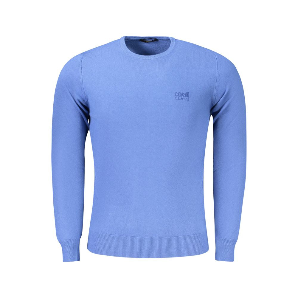Cavalli Class blue viscose men's sweater with embroidery and crew neck design, showcasing stylish sophistication.