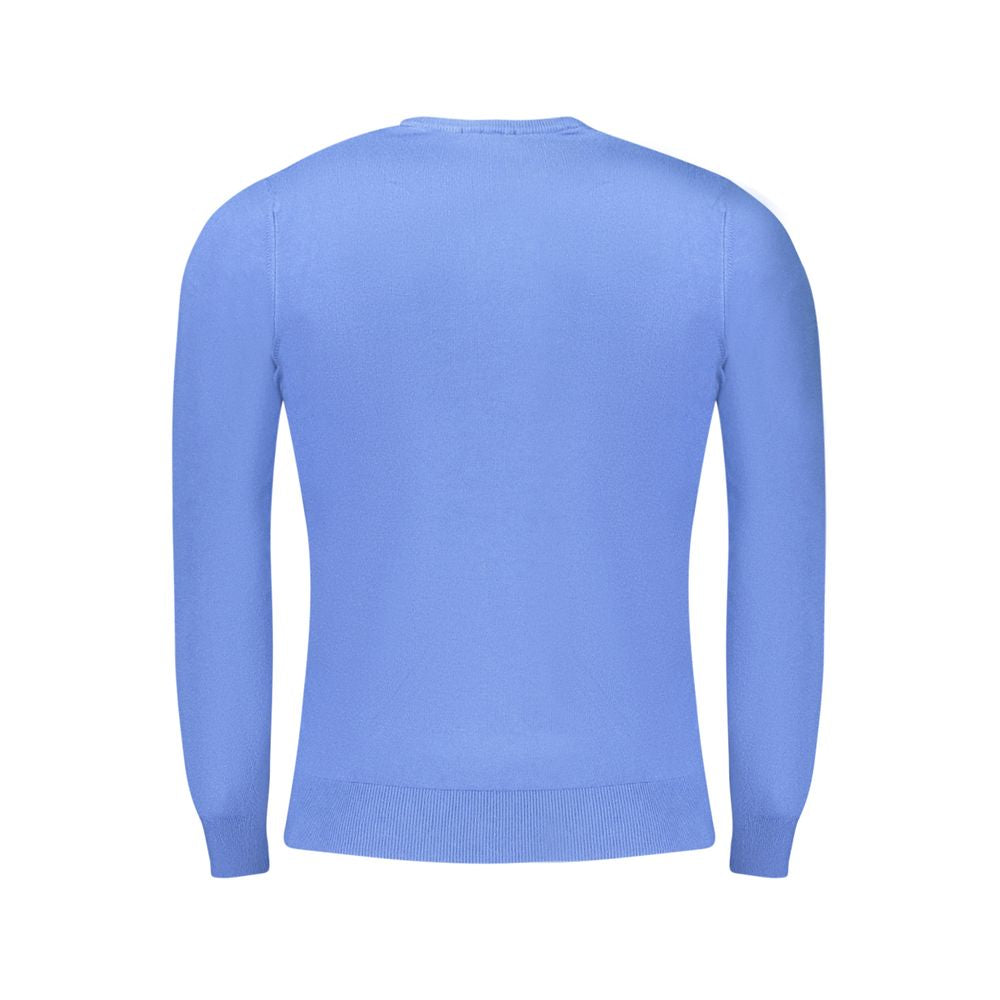 Cavalli Class Blue Viscose Men Sweater, long-sleeved crew neck with embroidery, iconic logo, blend of materials for style and comfort.