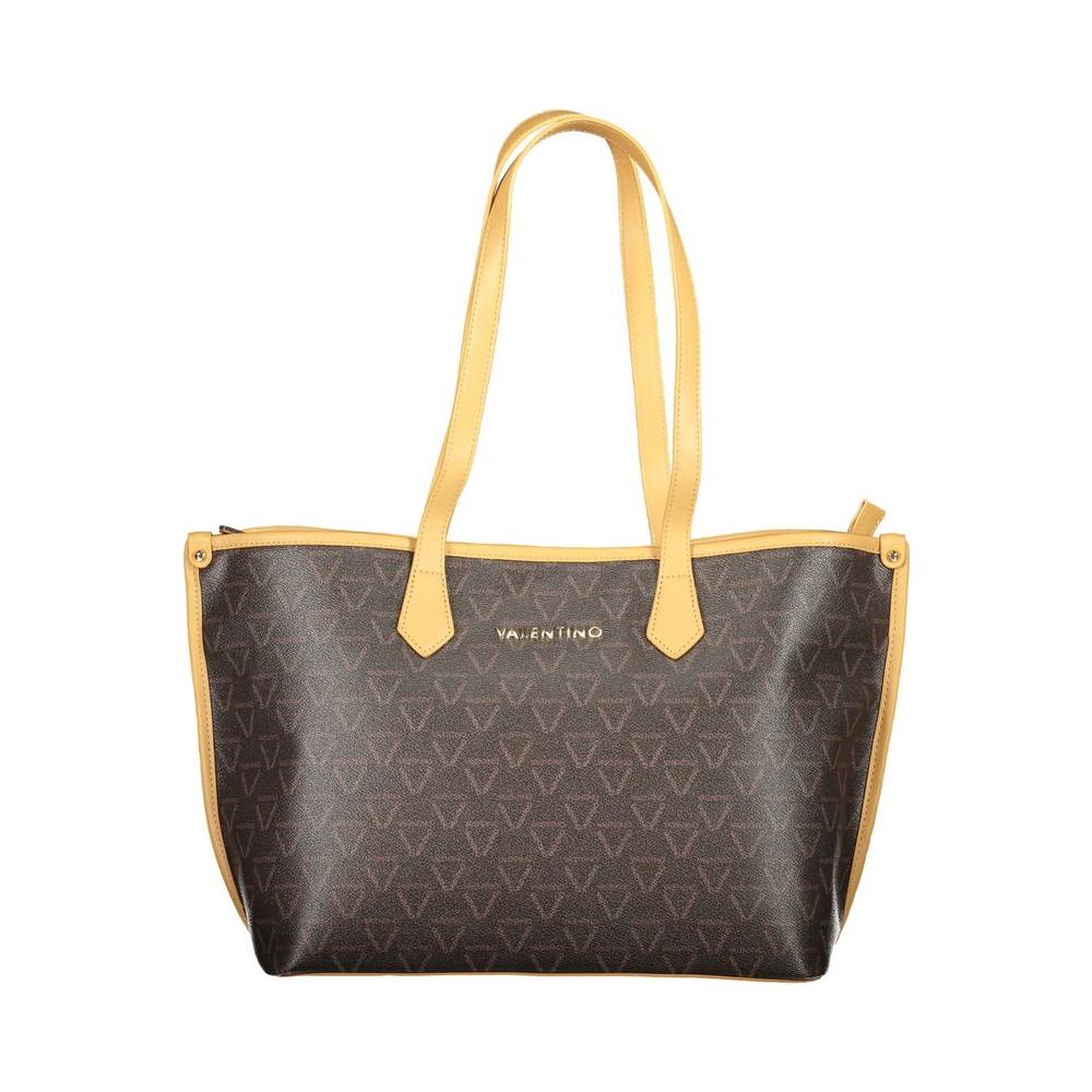 Valentino Bags brown polyethylene handbag with dual handles, two compartments, central pocket, contrasting details, and zip closure.