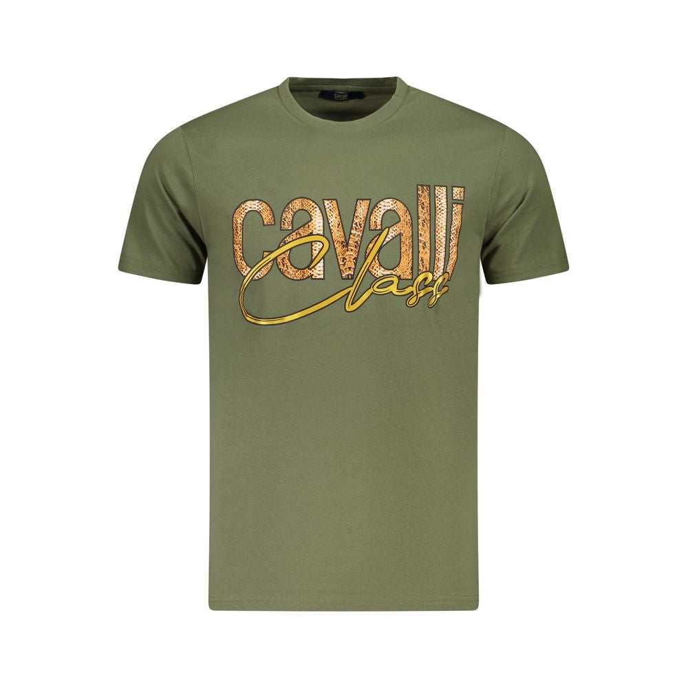 Cavalli Class green cotton men's t-shirt with logo print, elegant crewneck, and short sleeves exuding contemporary sophistication and style.