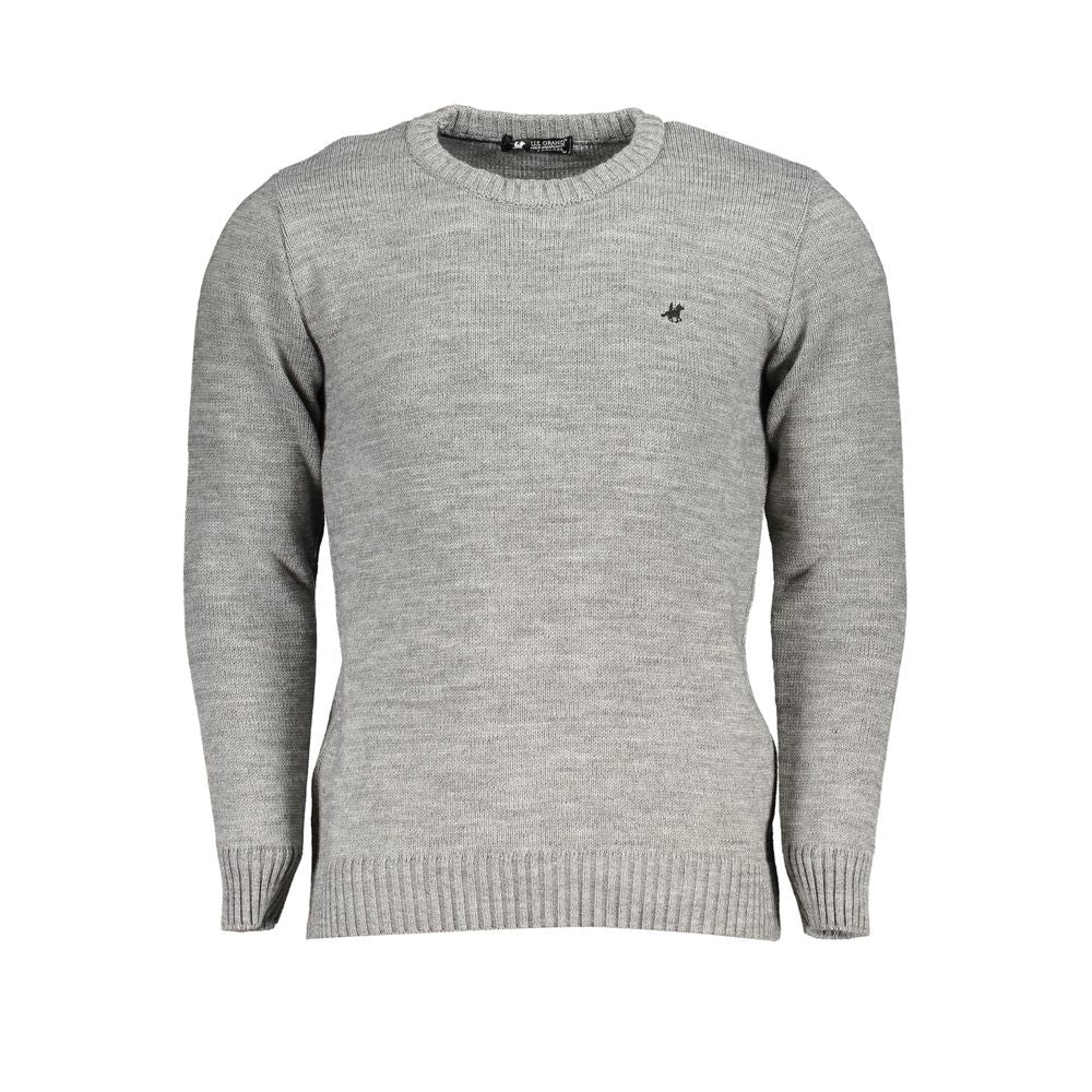 U.S. Grand Polo gray acrylic men’s sweater with embroidery logo, crafted in Italy, showcasing classic style and sophisticated design.