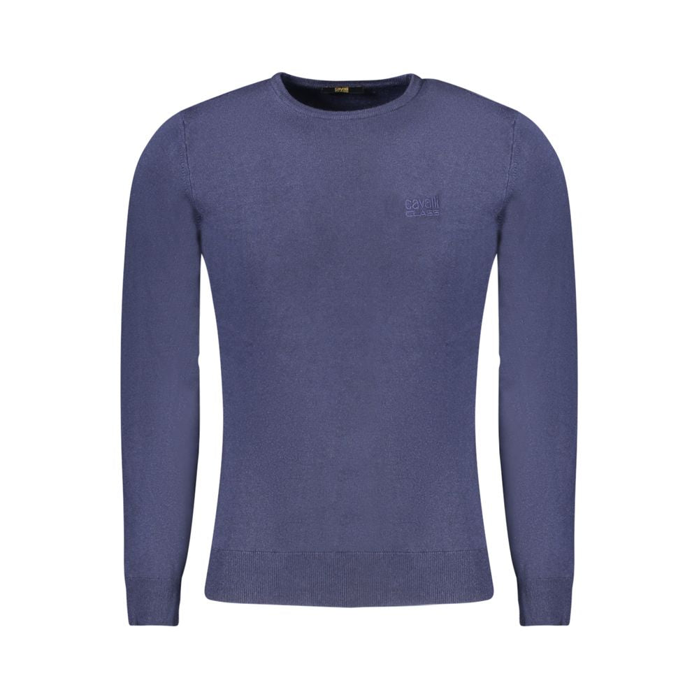 Cavalli Class blue viscose men’s sweater with embroidered logo, long sleeves, polyester blend, fashionable and comfortable fit.