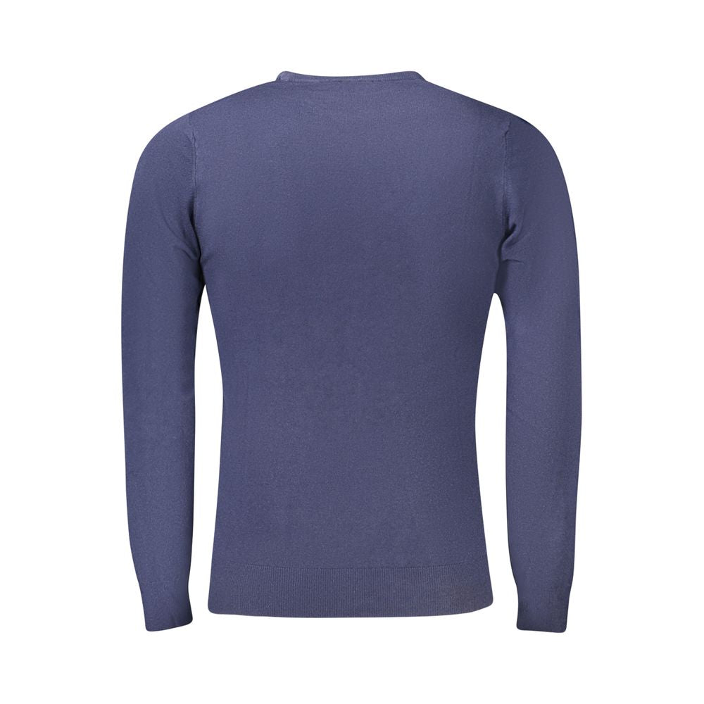 Cavalli Class Blue Viscose Men's Sweater, Back View - Elegant long-sleeved design made from polyester, viscose, and polyamide blend.