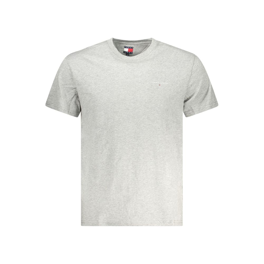 Alt Tag: Tommy Hilfiger gray cotton men's t-shirt with logo, short sleeves, classic crew neck, eco-friendly 95% regenerative cotton.