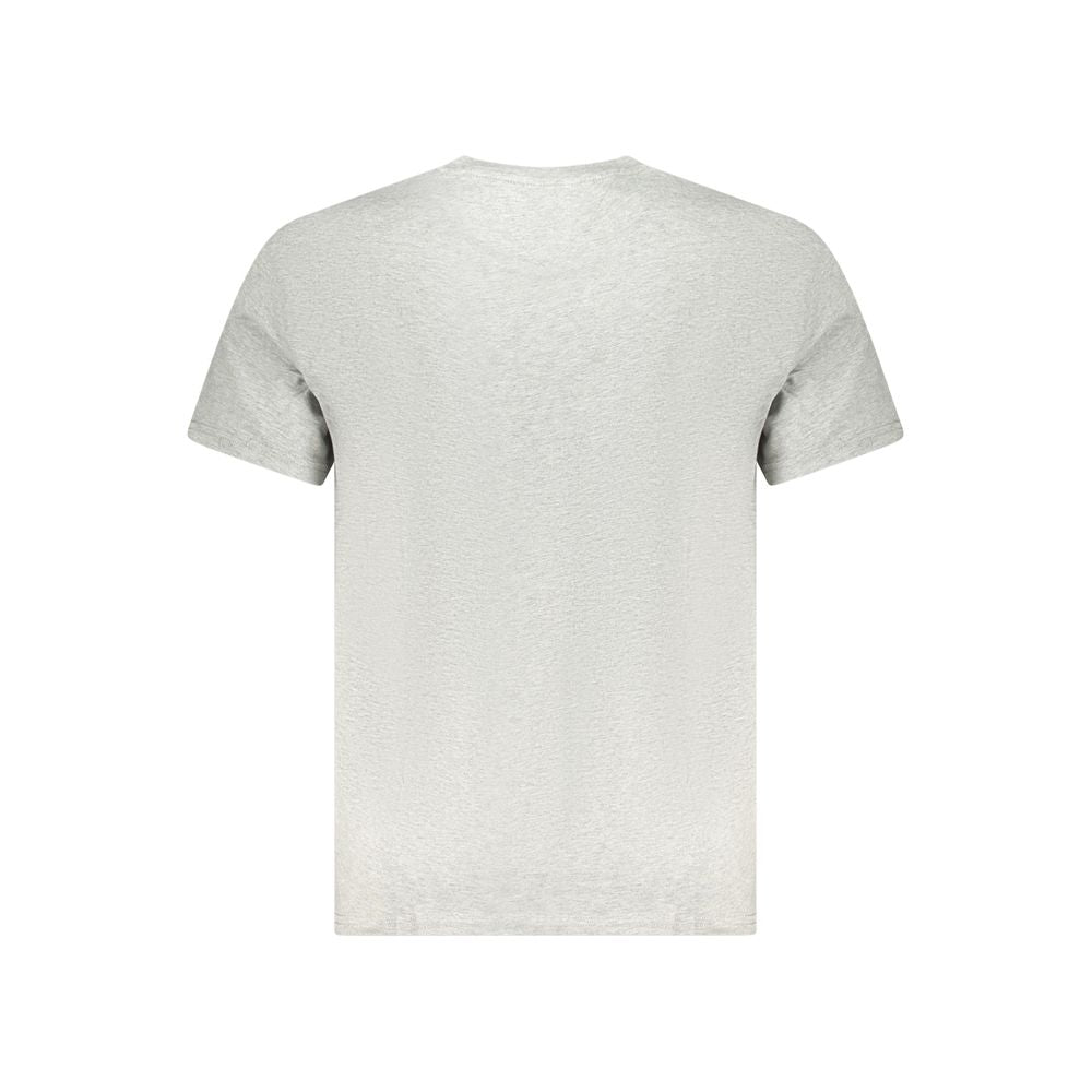 Back view of Tommy Hilfiger gray cotton men's t-shirt with short sleeves and crew neck, emphasizing sustainable fashion.