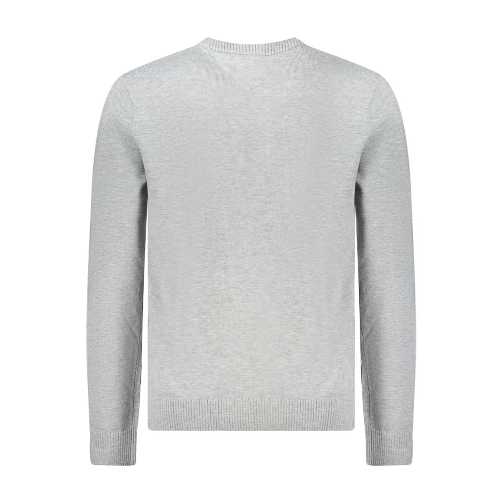 Back view of Tommy Hilfiger gray wool men's sweater featuring crew neck design and intricate embroidery, made of wool and recycled polyester.