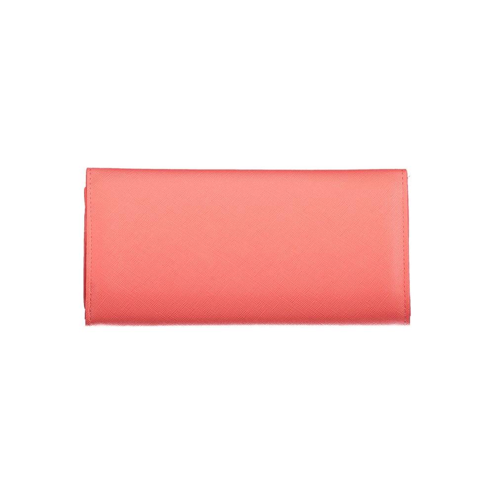 Valentino Bags pink polyethylene wallet with 3 compartments, coin purse, card slots, zip and snap closure, and logo detail.
