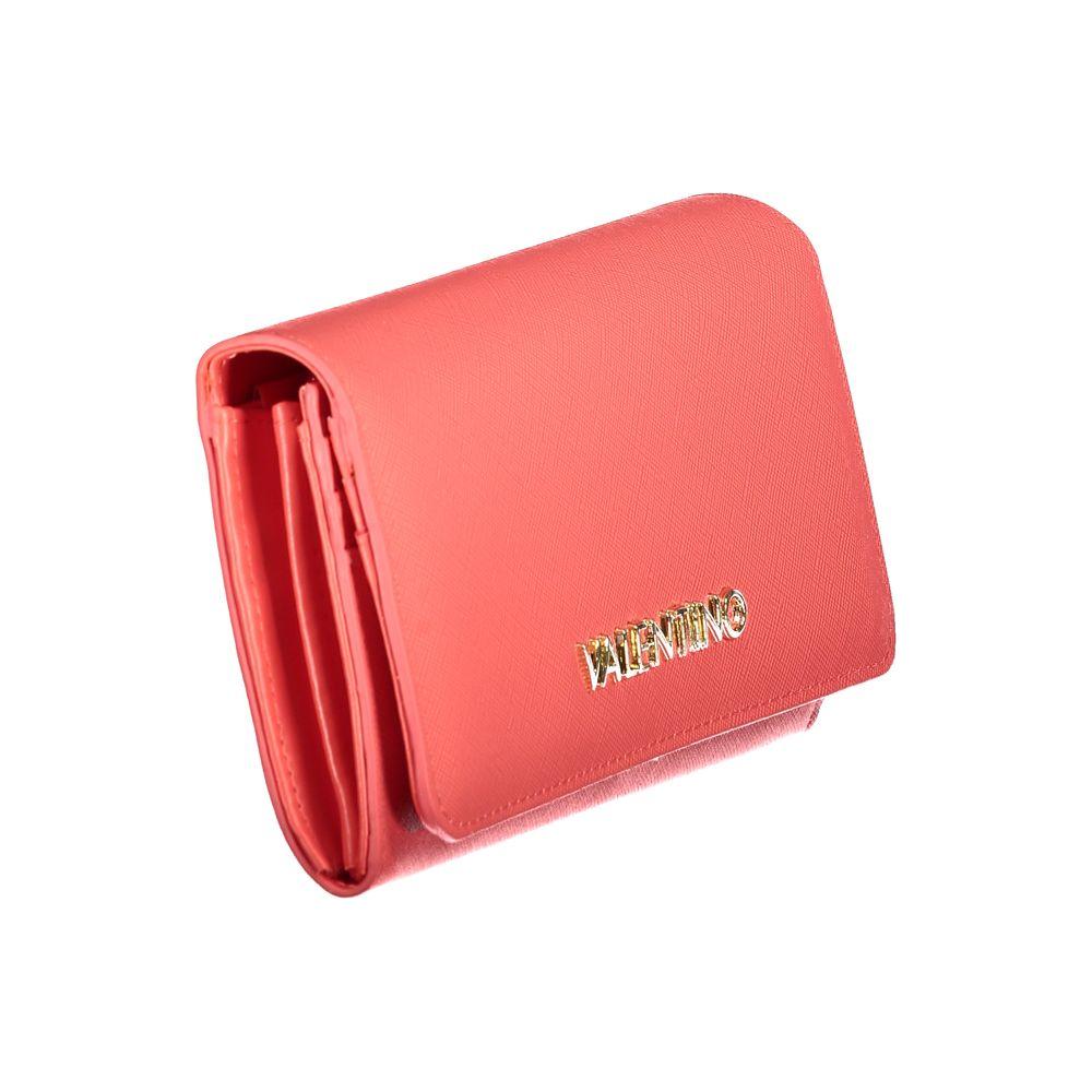 Valentino Bags pink polyethylene wallet with logo, three compartments, coin purse, card spaces, zip, and auto closure.