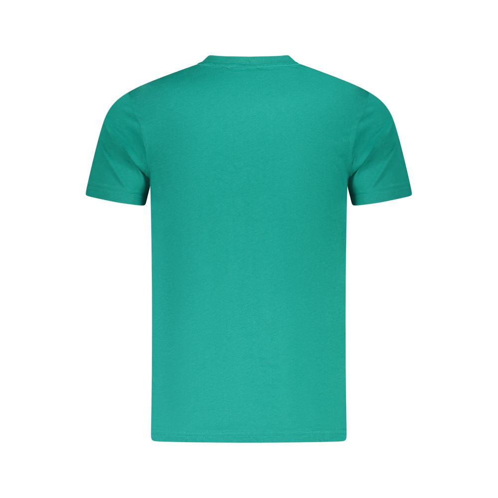 Back view of Cavalli Class green cotton men's t-shirt featuring a crew neck and short sleeves, showcasing modern fashion aesthetic.