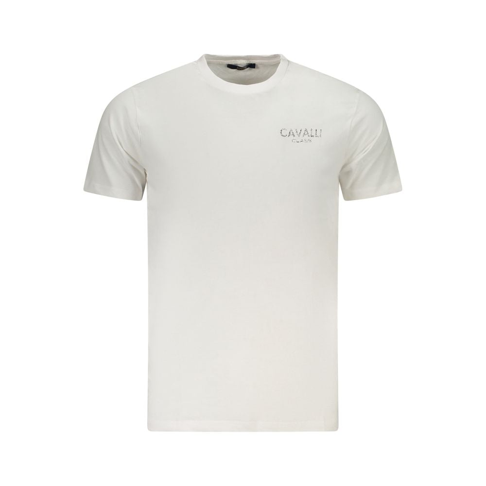 Cavalli Class White Cotton Men's T-Shirt with Crew Neck and Bold Print, Featuring Iconic Logo, High-Fashion Statement Apparel