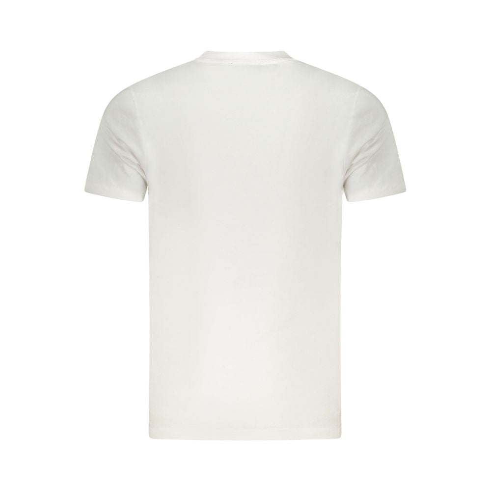 Cavalli Class white cotton men's T-shirt, short sleeve, crew neck with bold print on the front, showcasing high-fashion style and iconic logo.
