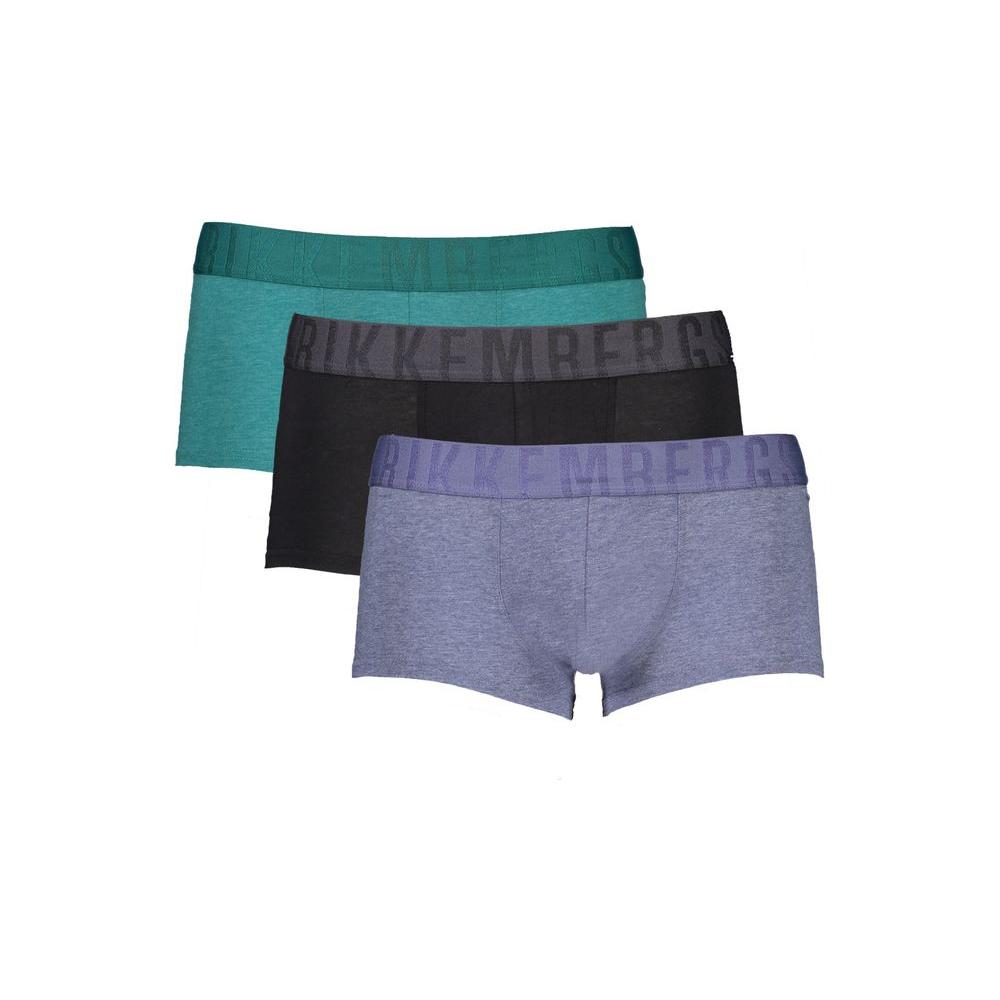 Bikkembergs men's boxers set in green, blue, and black with logo waistband, crafted from breathable cotton and polyester blend for comfort.