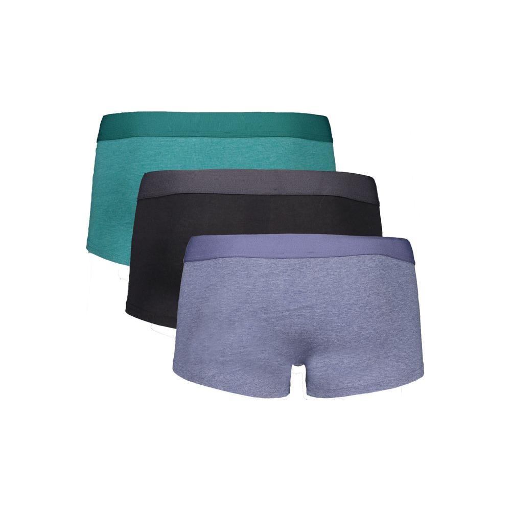 Alt Tag: Bikkembergs green, blue, and black men’s boxers with logo waistband in polyester-cotton blend for comfort and style.