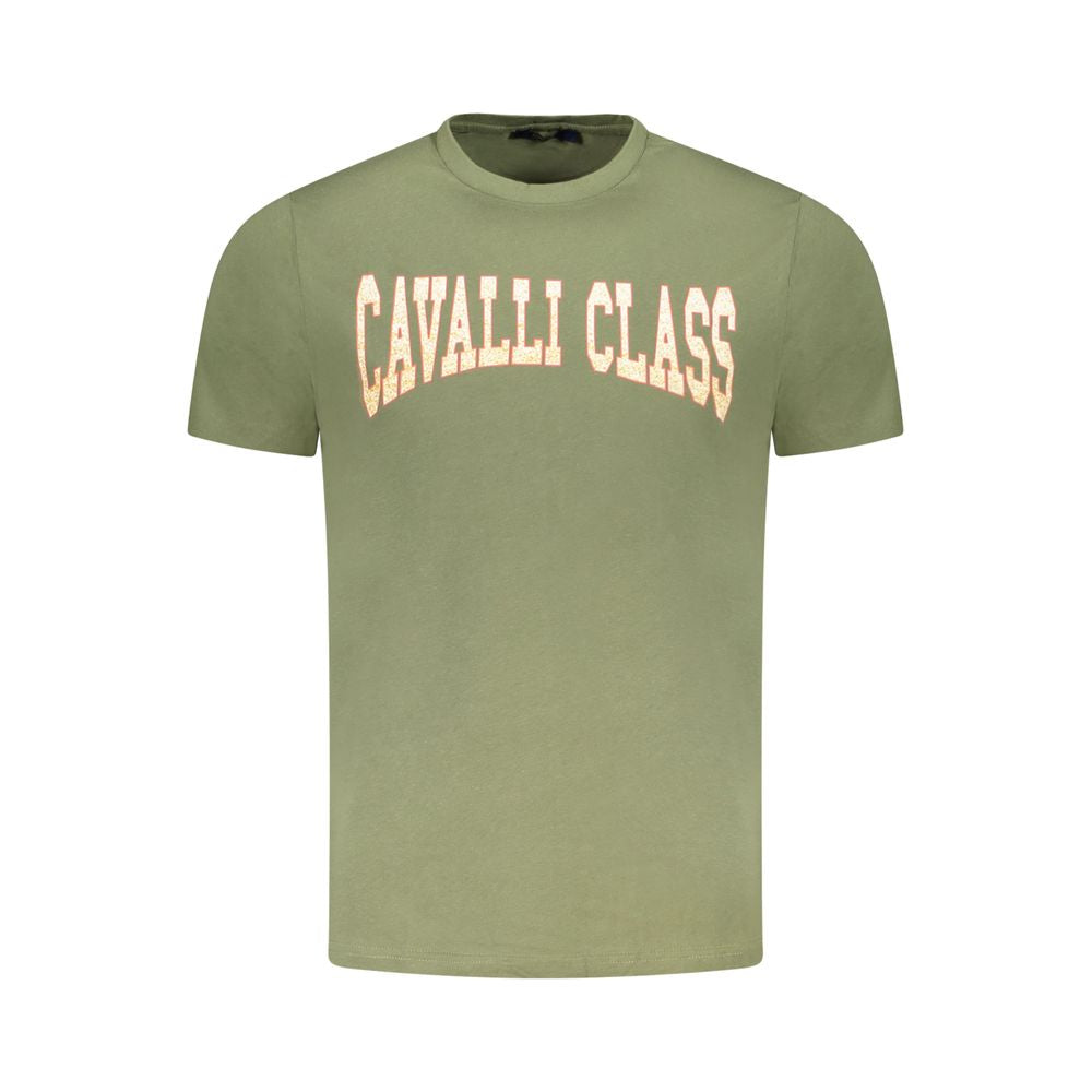 Cavalli Class green cotton men's t-shirt with logo, short-sleeve crew neck, combining luxury and casual style.