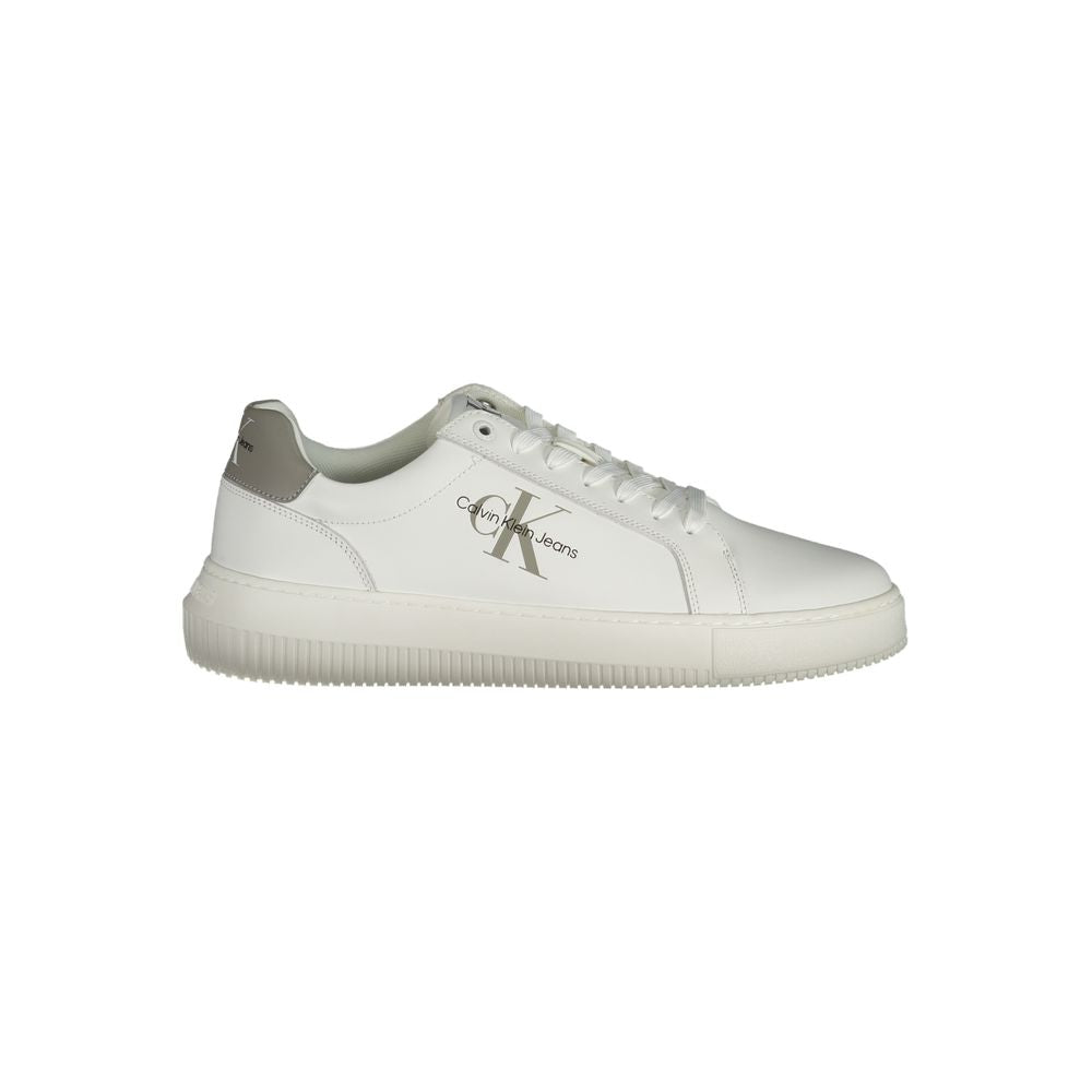 Calvin Klein white leather men sneaker with grey accents, featuring a recycled rubber sole and removable footbed for sustainable style.