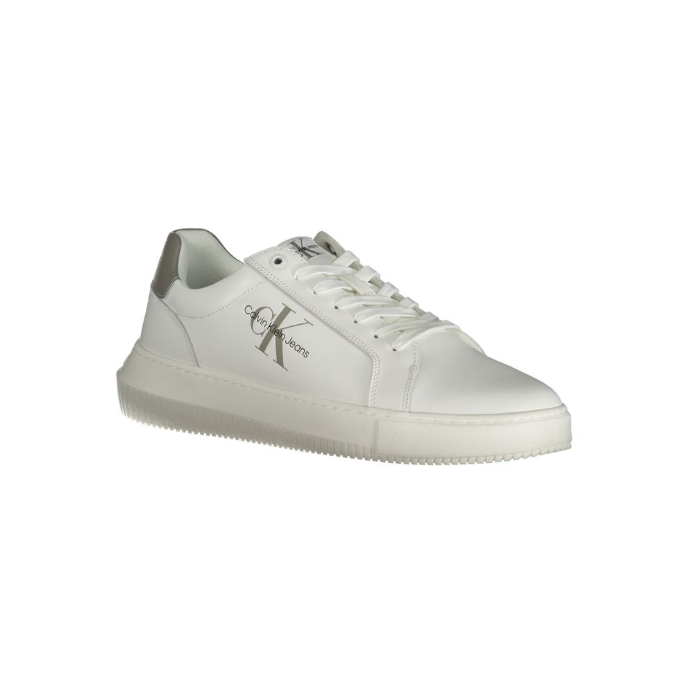 Calvin Klein white leather men sneaker with grey accents and recycled rubber sole, showcasing style and sustainability.