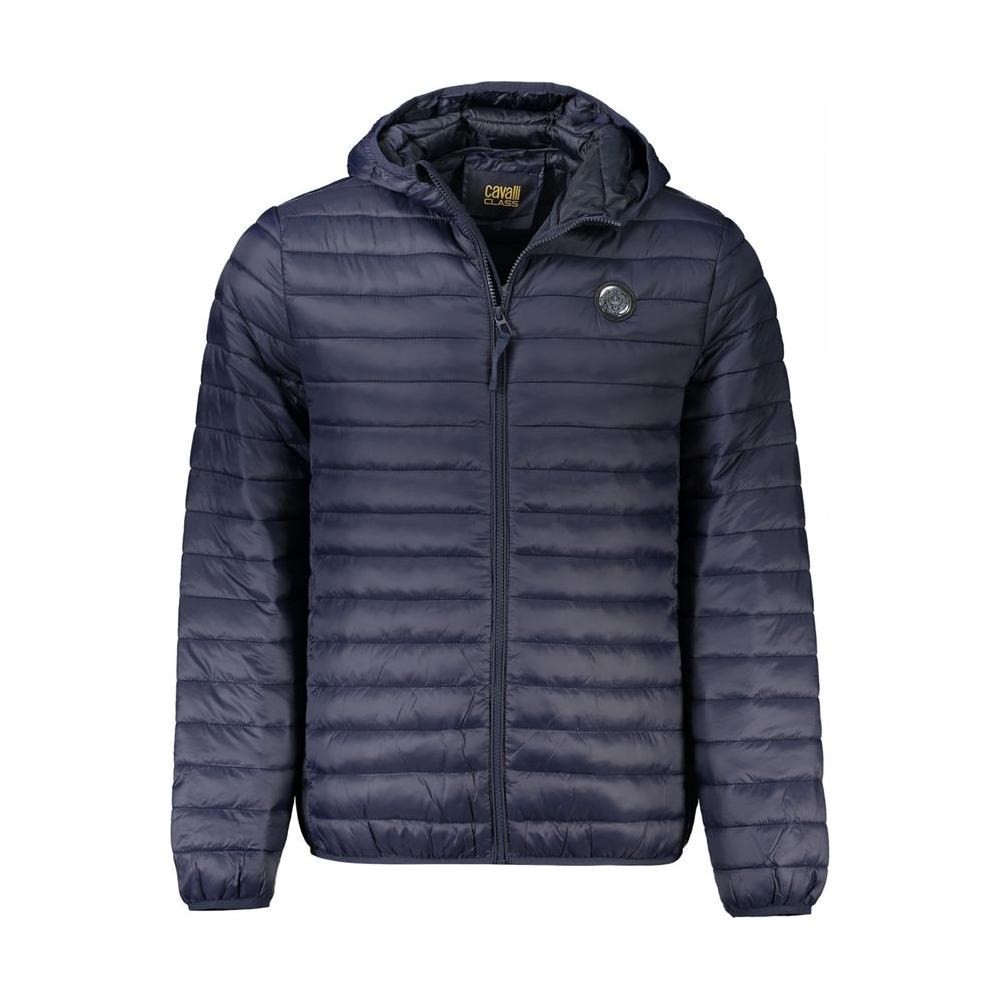Cavalli Class Blue Polyamide Men's Jacket with Hood and Logo, Zip Fastening, Light Padding, and External Button Pockets for Stylish Warmth