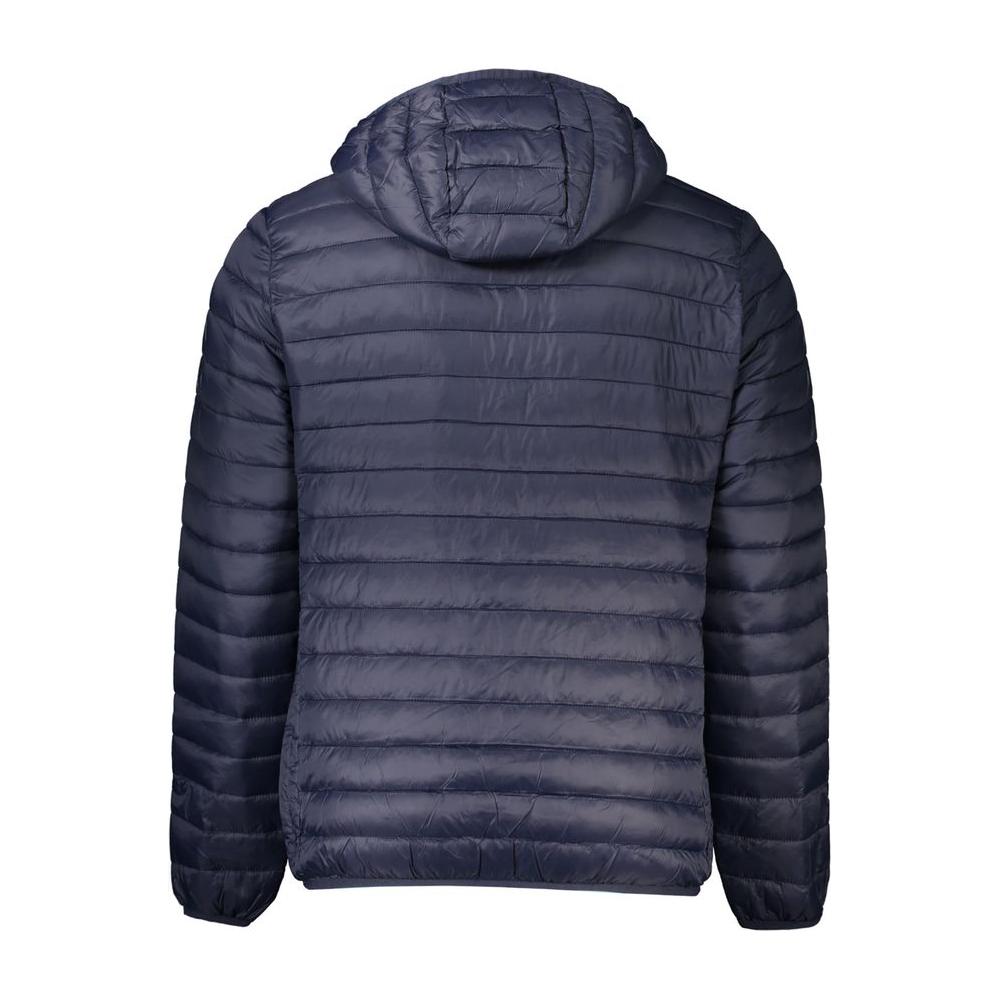 Back view of Cavalli Class blue polyamide men's jacket with hood and light padding.