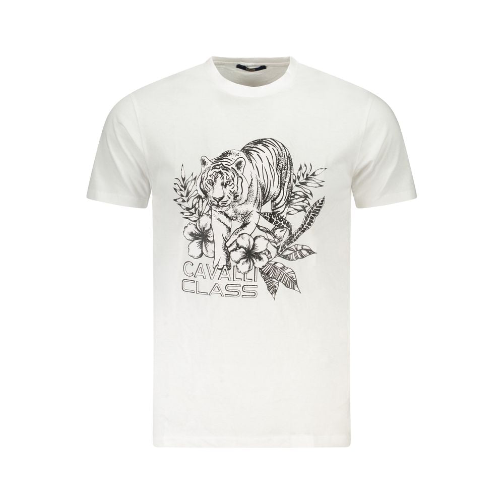 Cavalli Class white cotton men's T-shirt with bold tiger print and logo, short sleeves, crew neck, stylish and versatile design.