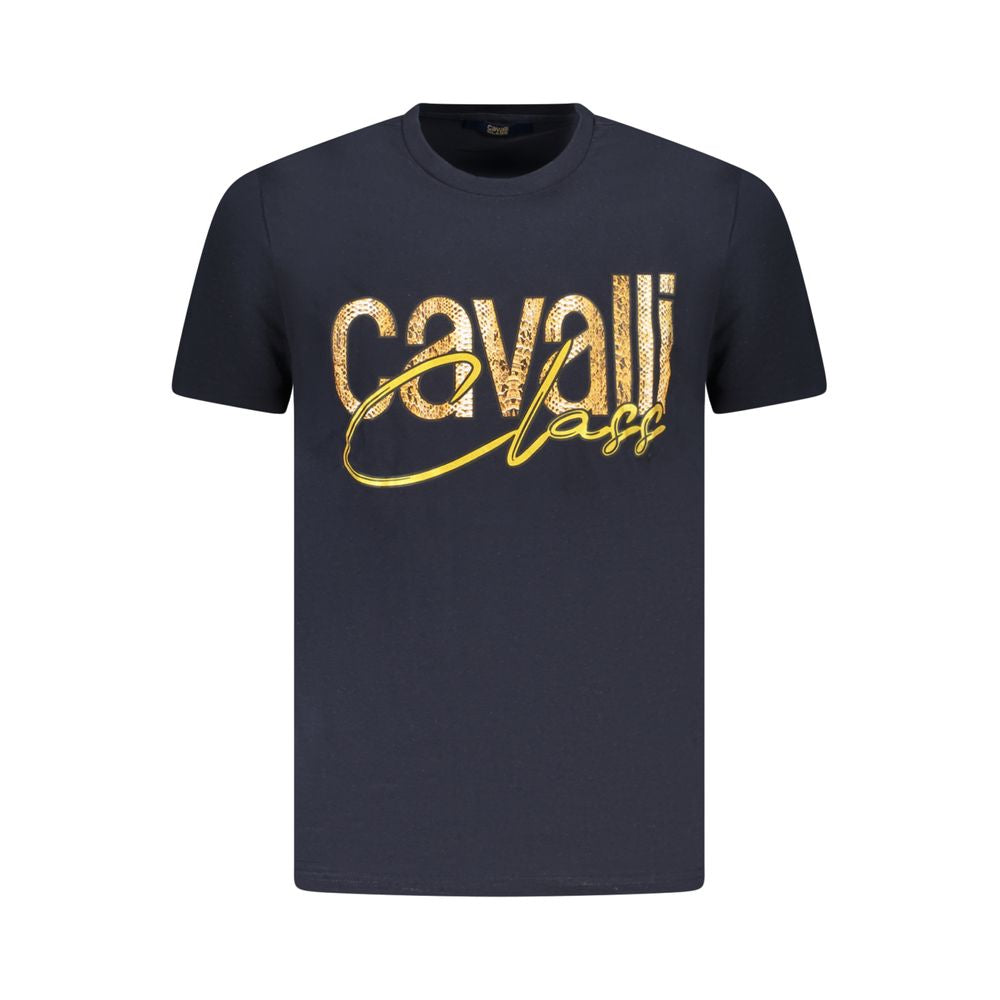 Cavalli Class blue cotton men's T-shirt with distinctive print and logo, short sleeve crewneck design.