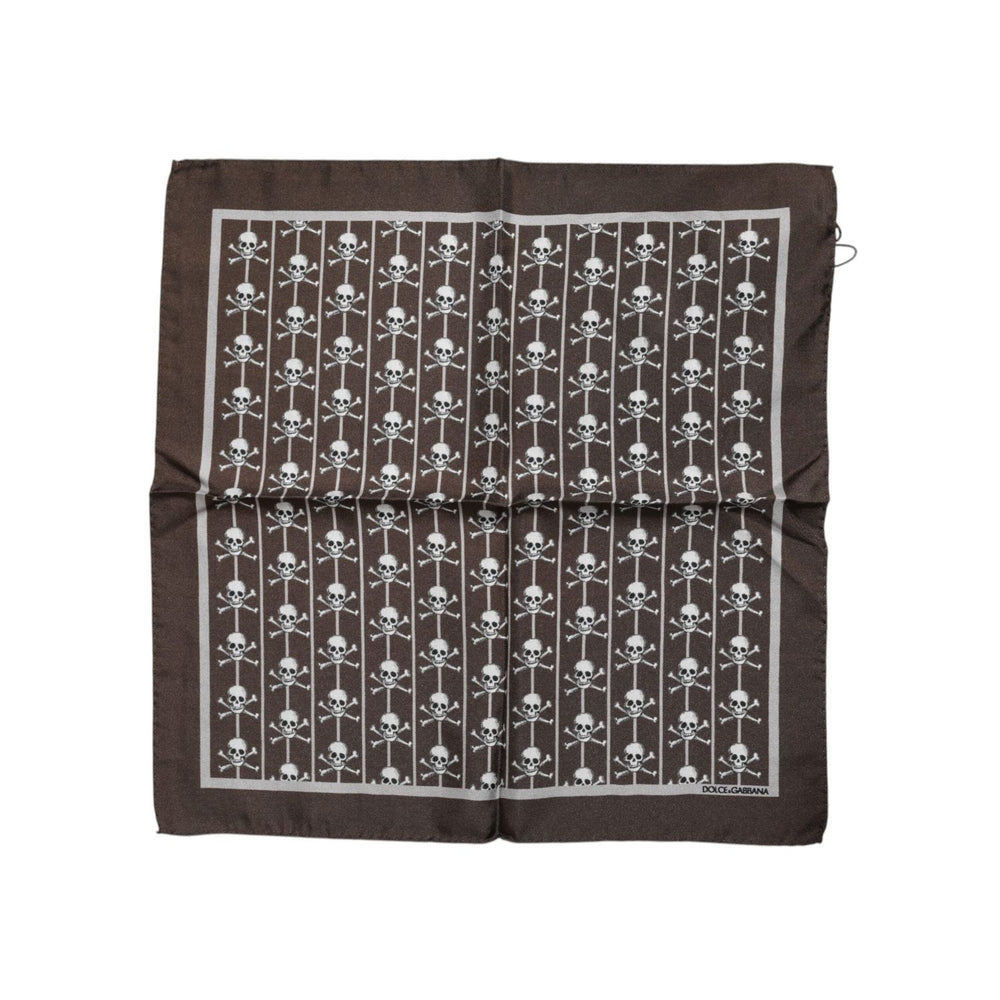 Dolce & Gabbana Brown Skull Silk Square Men Foulard Scarf
