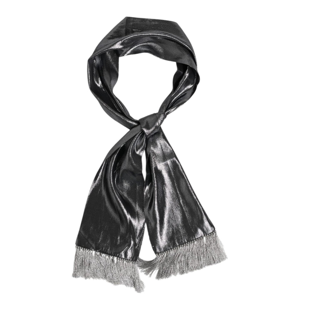 Dolce & Gabbana Metallic Gray Silk Fringes Foulard Scarf