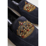 Dolce & Gabbana Blue Suede Crown Crystal Loafers Dress Shoes MV7531-41